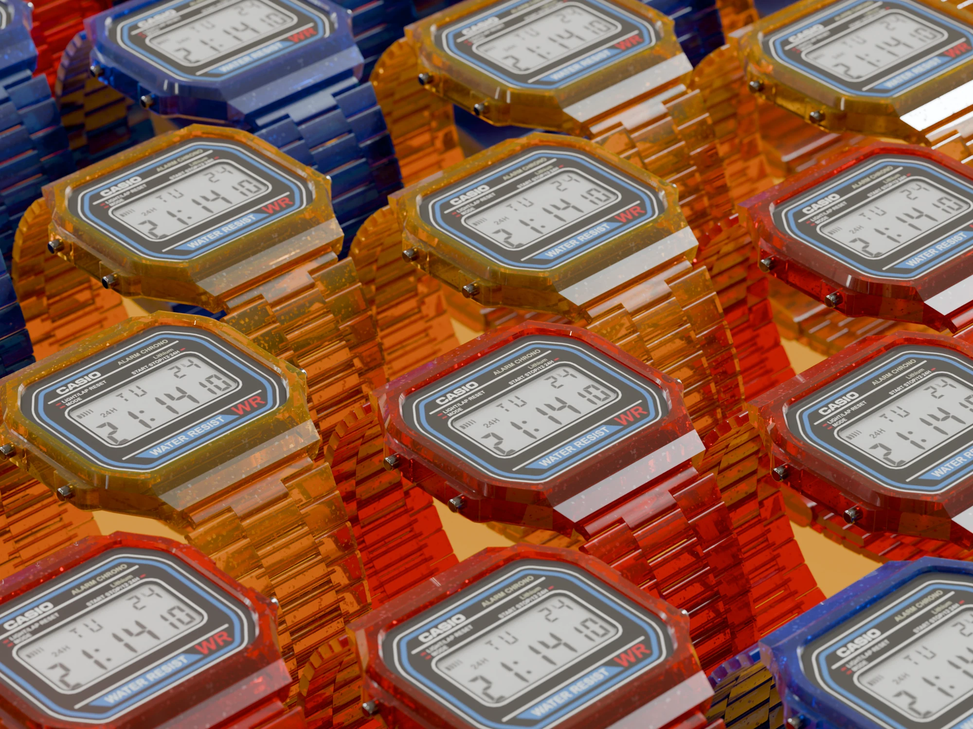 Transparent colorful digital watch study