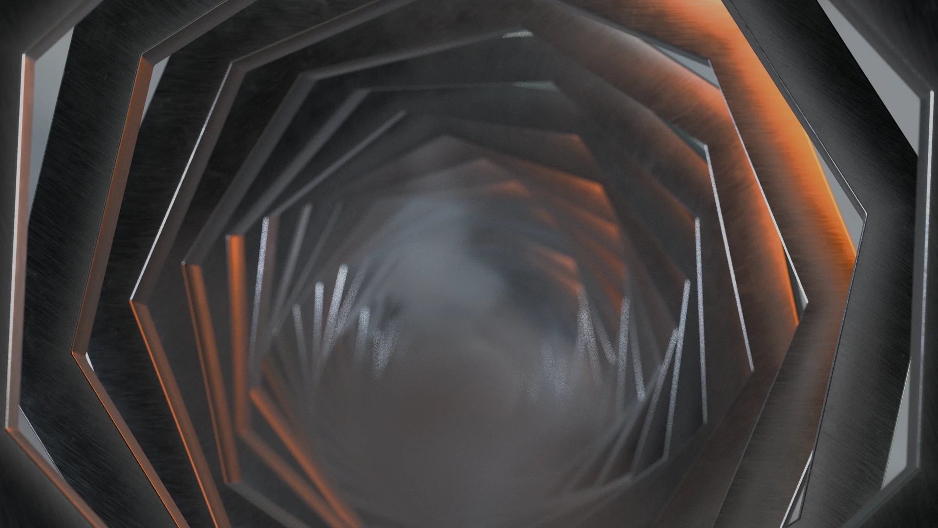 A tunnel formed by repeating octagonal metal frames