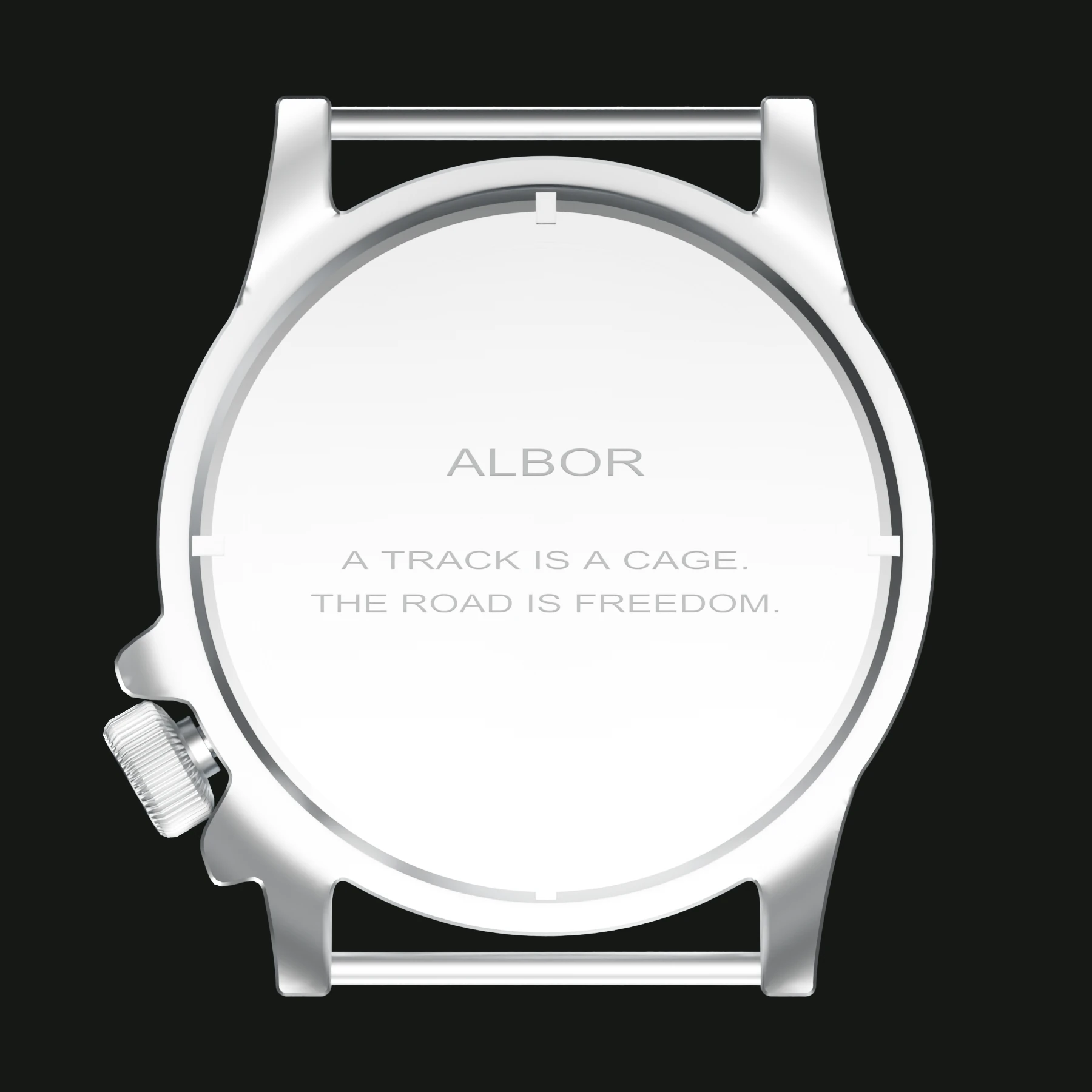 Rear render of the revised ALBOR model, showing the solid engraved back and integrated lug roots