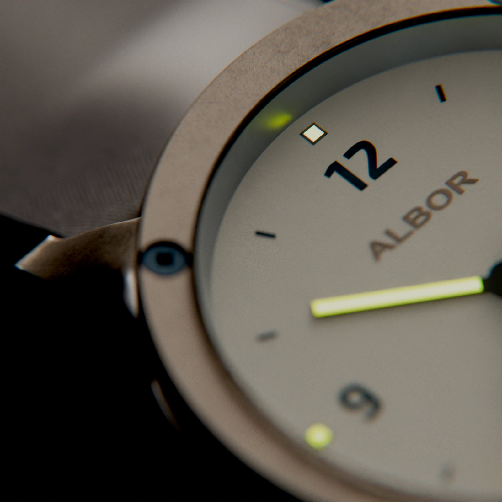 Dark close-up render of the ALBOR dial with bold geometric numerals, luminous hands and date window