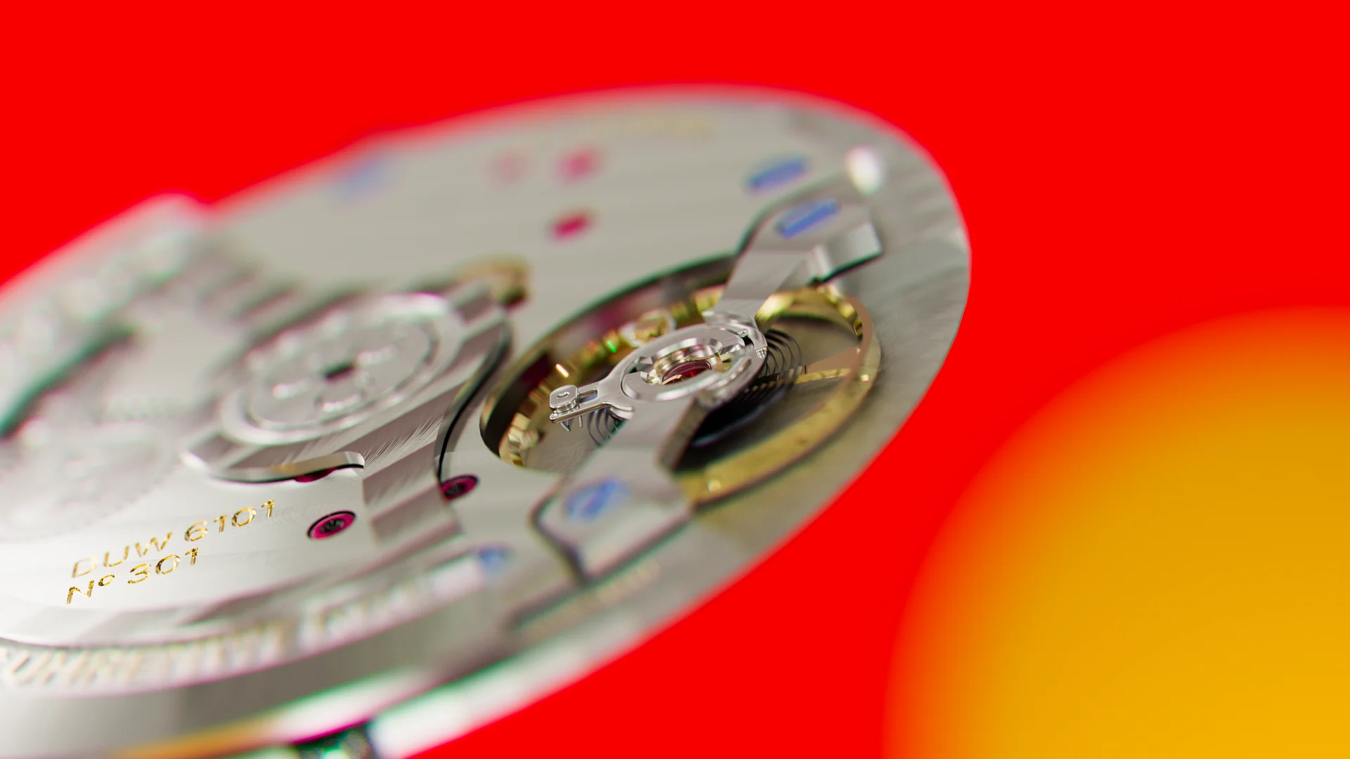 Macro view of the NOMOS movement over a red field