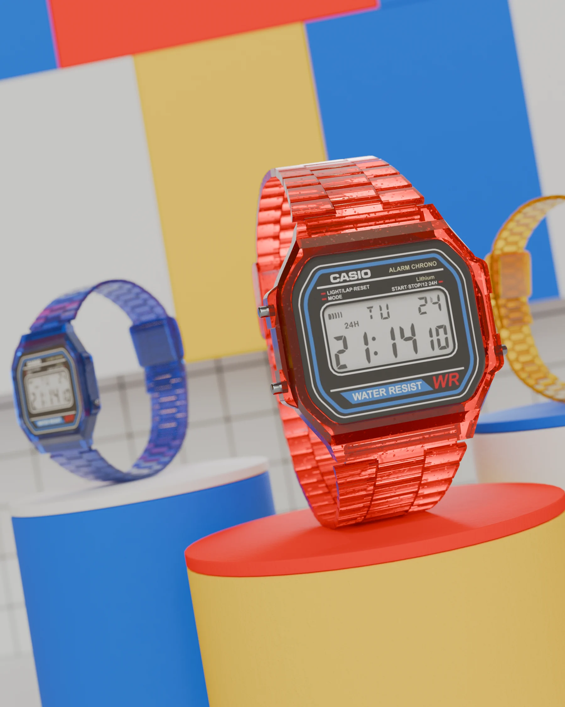 Three translucent CASIO A168 watches in primary colors arranged on geometric plinths