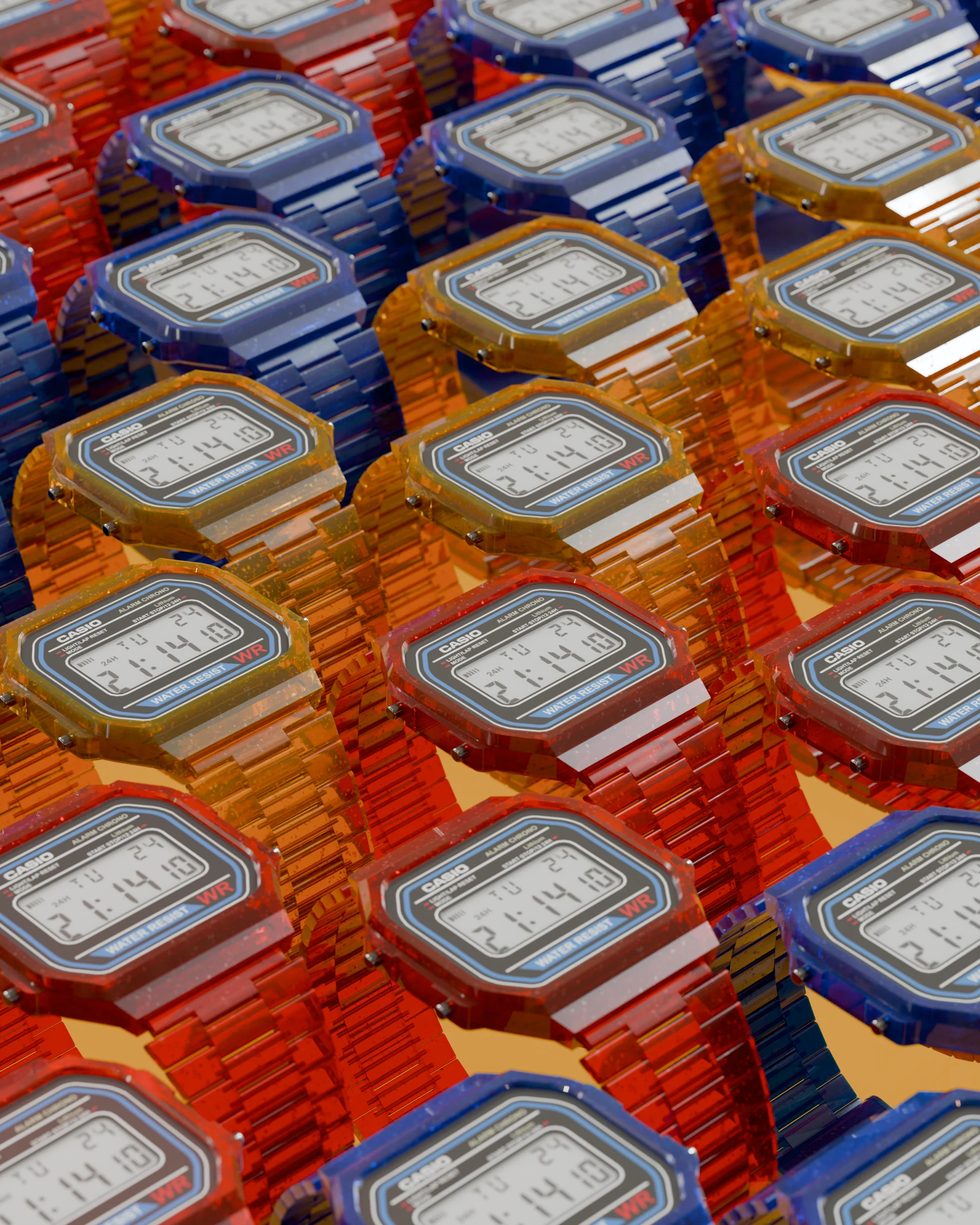 A field of translucent CASIO A168 watches in amber, blue and red