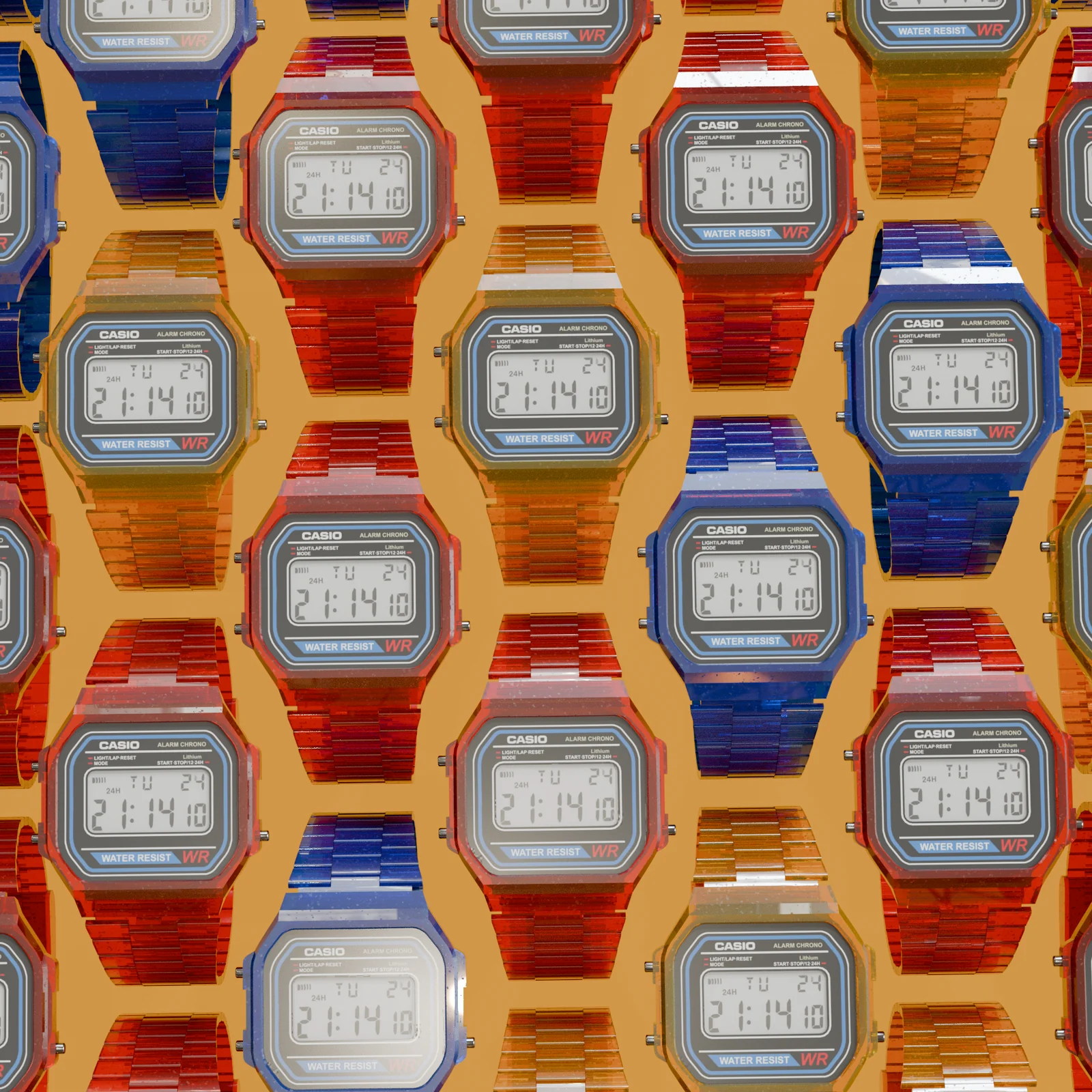 Repeating multicolor CASIO A168 watch pattern