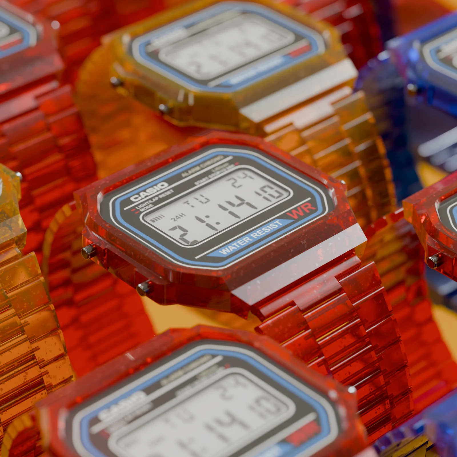 Close view of transparent orange, blue and gold CASIO A168 watches