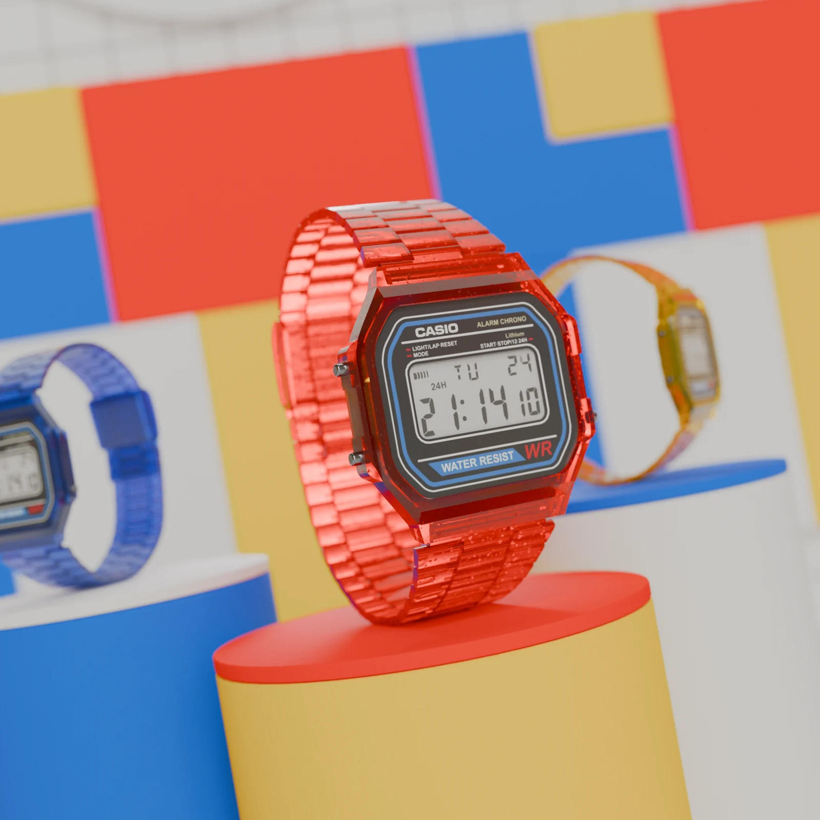 Red translucent CASIO A168 in a geometric campaign set