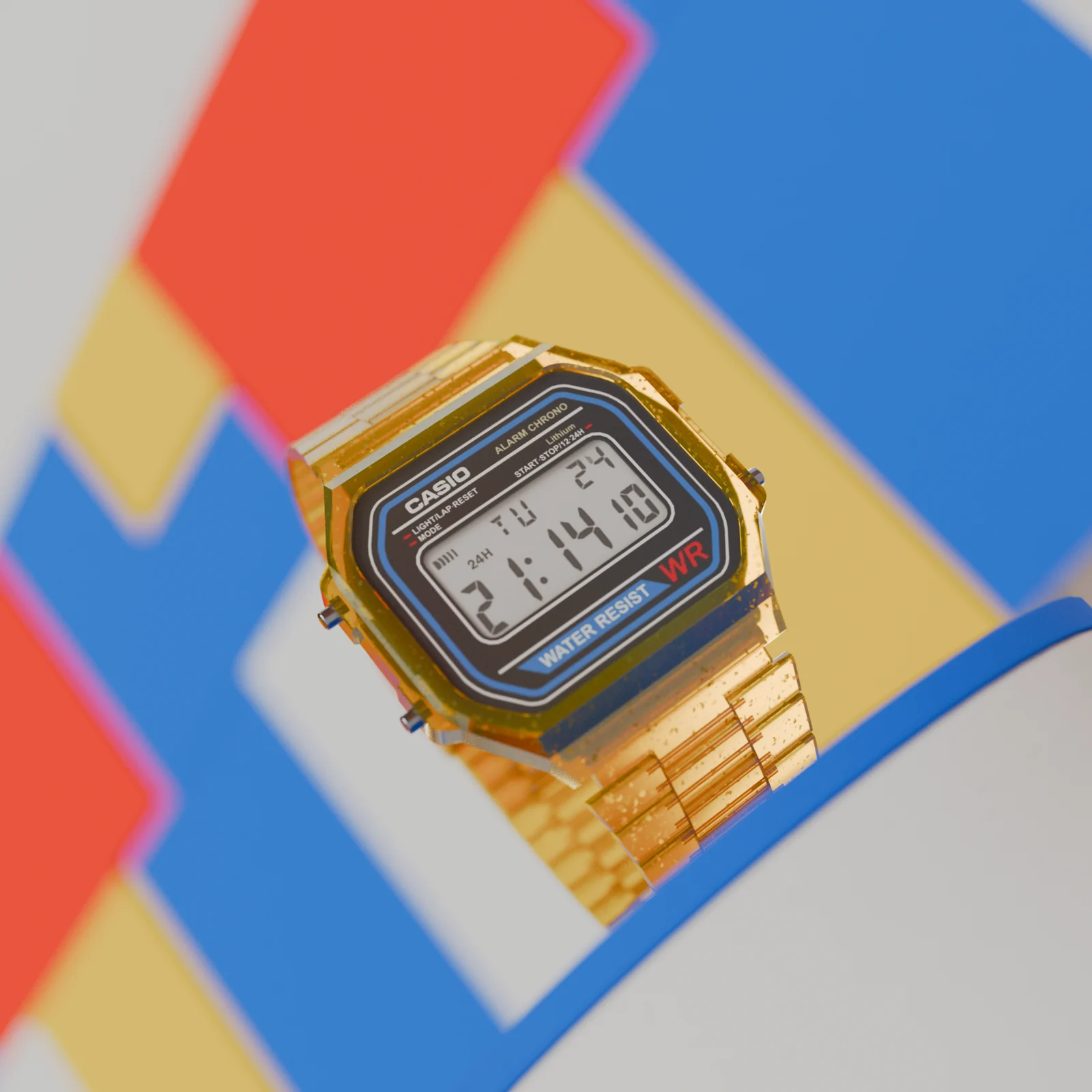 Gold translucent CASIO A168 on a colorful geometric composition