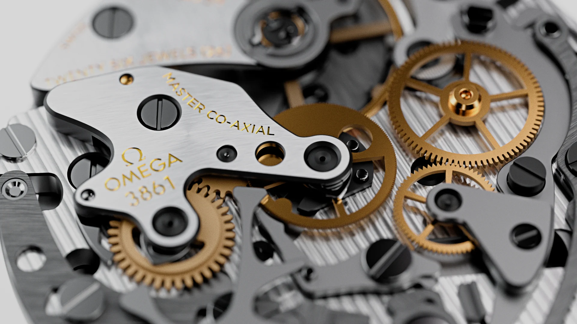 Top view of the OMEGA movement with gold-toned gears