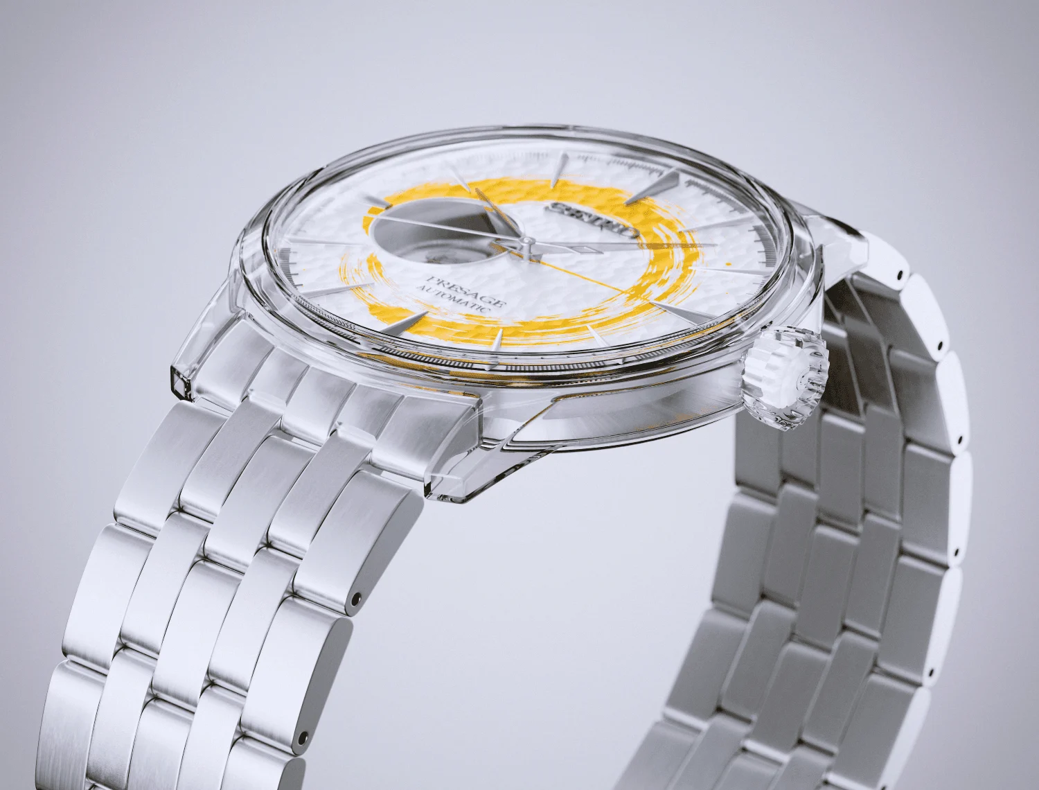 Transparent Seiko watch with an orange brushstroke circling the dial