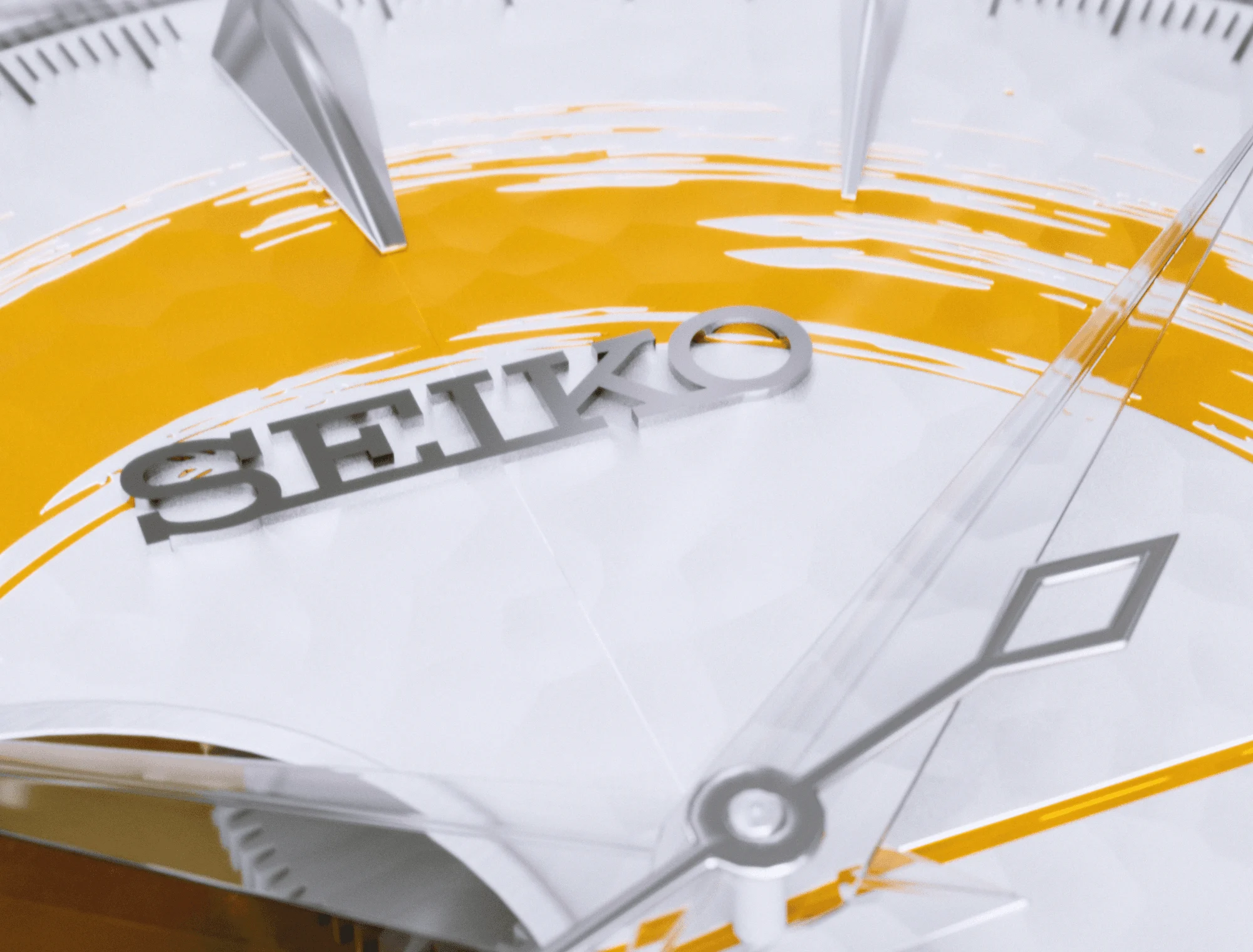Macro view of the Seiko logo, hands and orange brushstroke dial