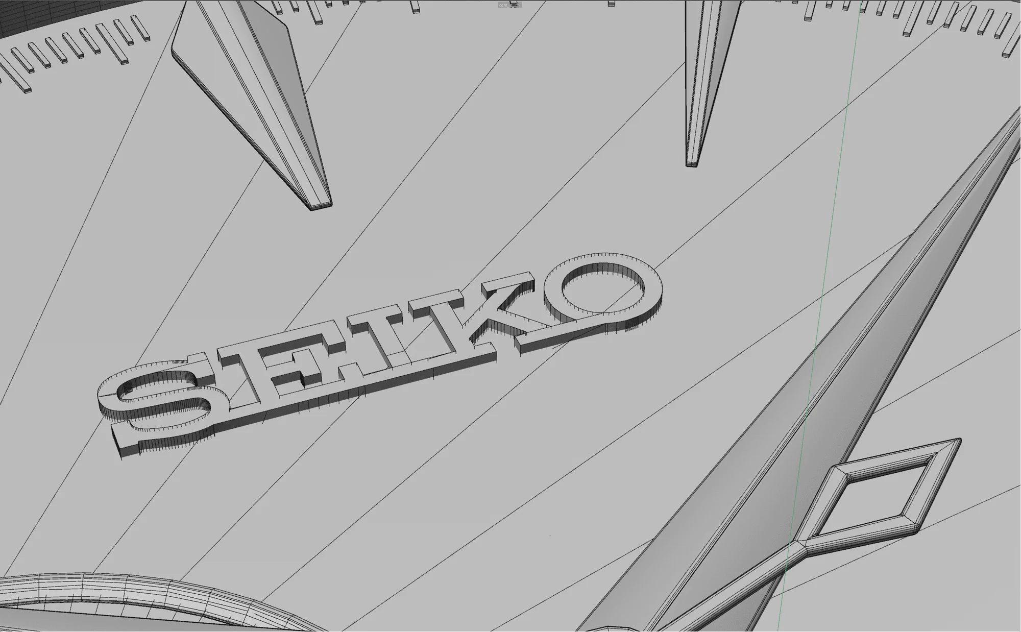 Wireframe close-up of the Seiko dial and applied logo