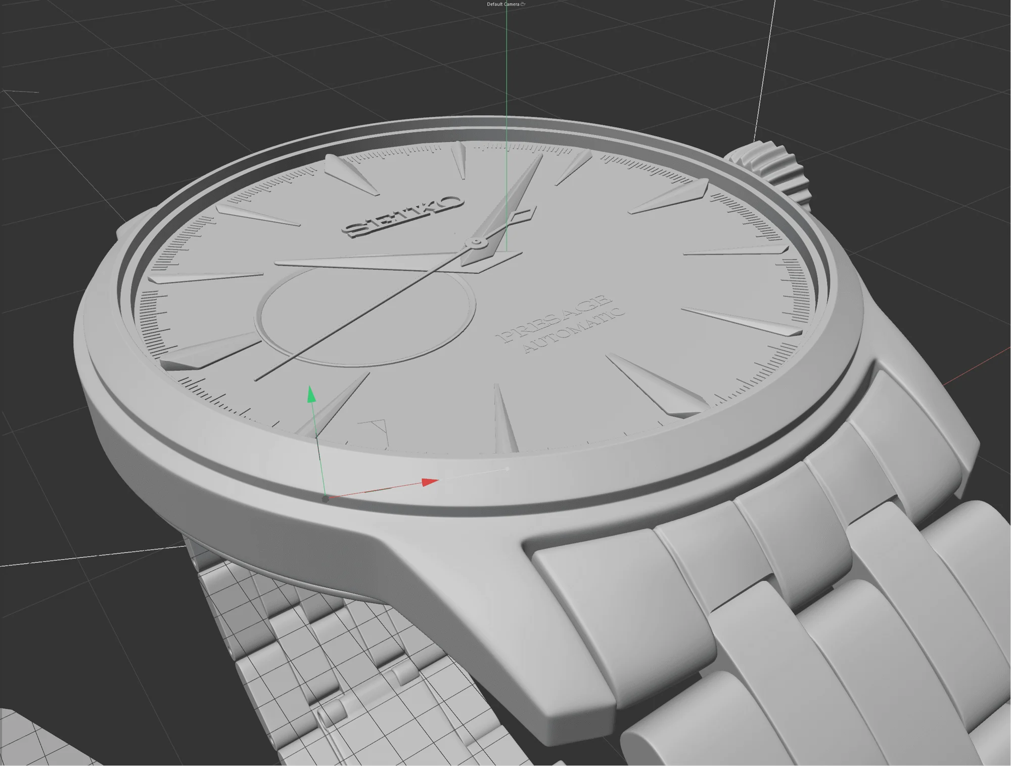 Grey 3D development view of the watch case and bracelet