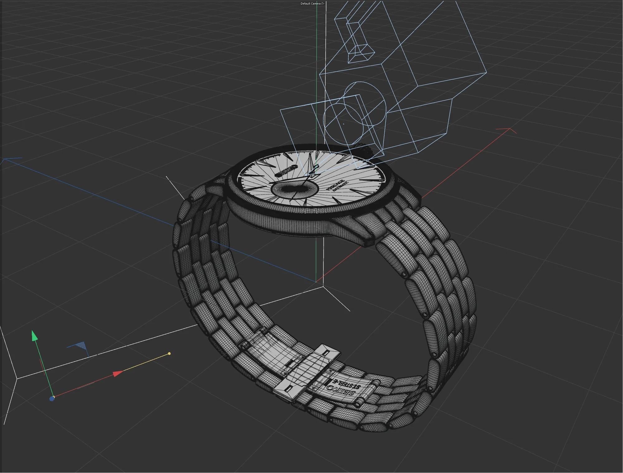 Wide 3D development view of the complete watch model